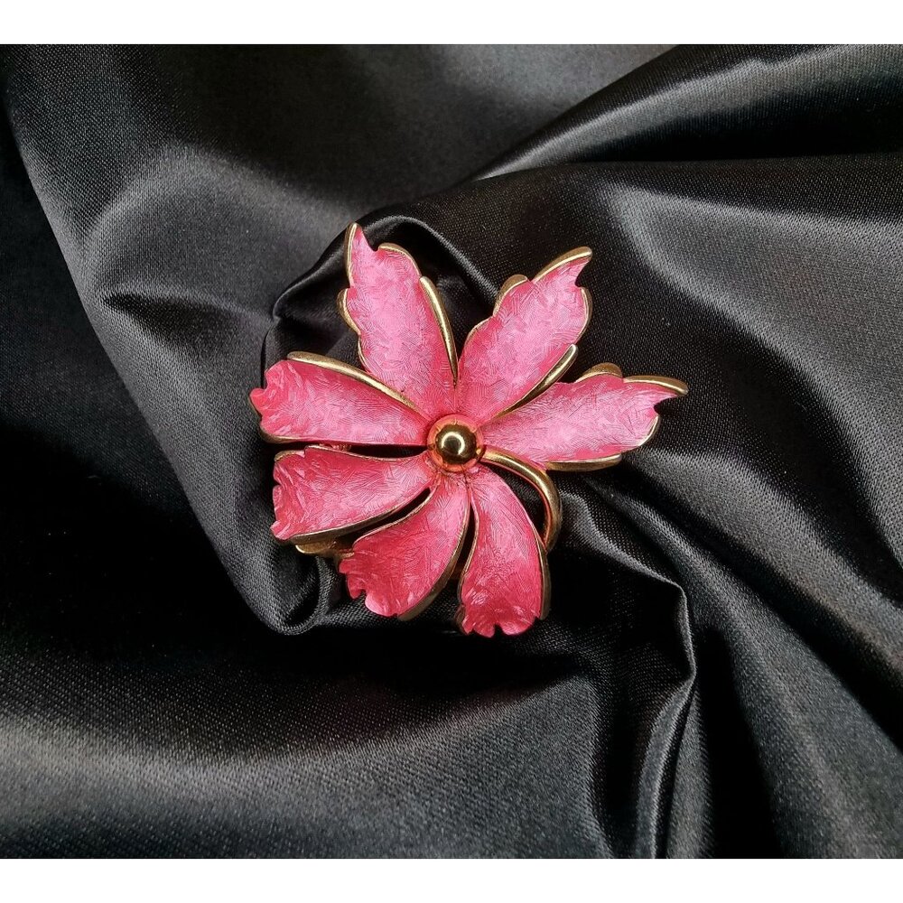Vintage Pink Floral Brooch With Gold-Tone Metal & Textured Petals